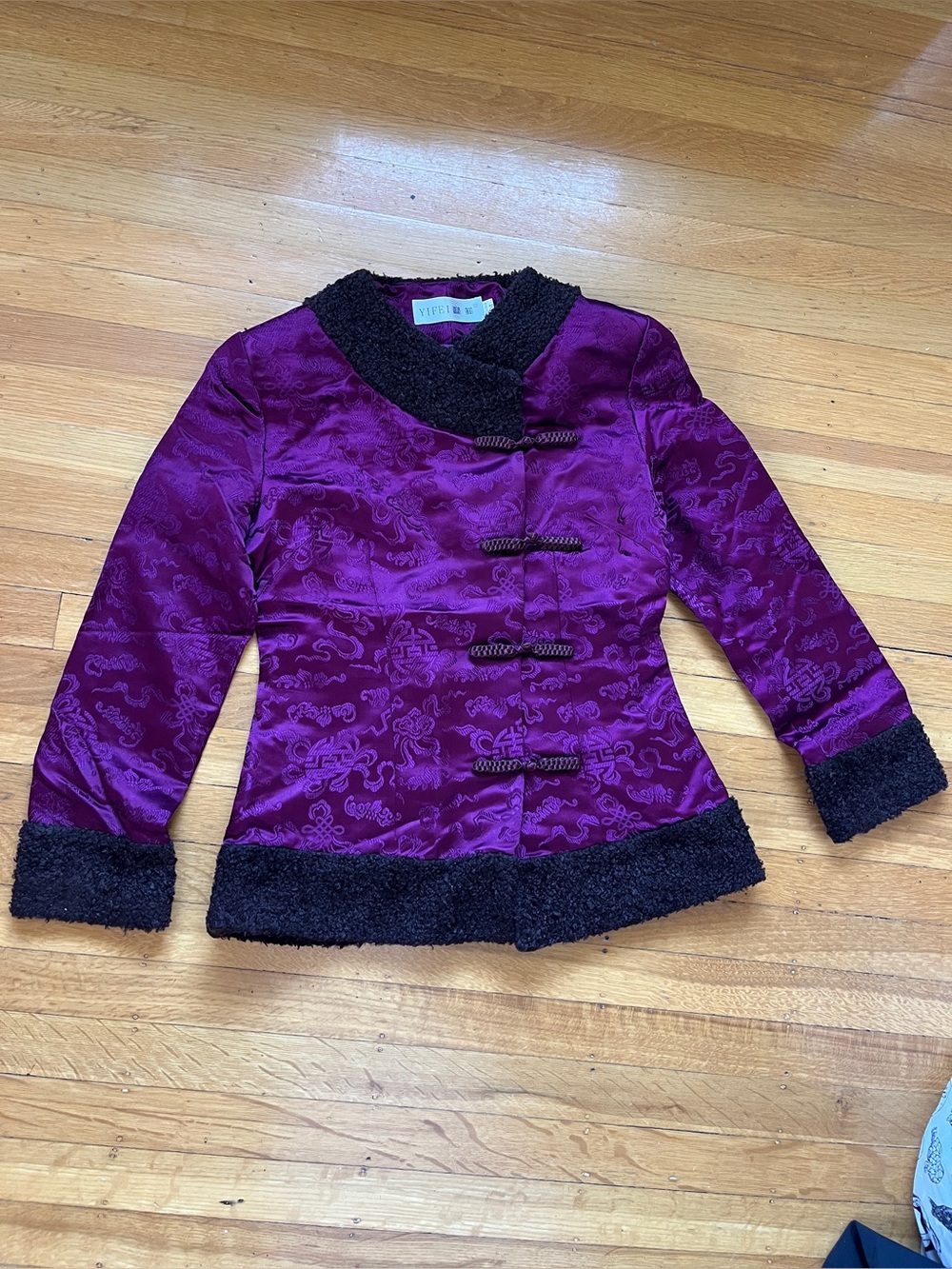 Yifei purple Chinese jacket silk blend faux karakul mongolian lamb fur M